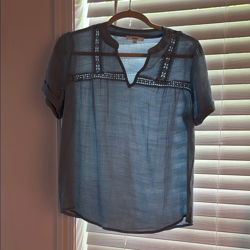 Blue Embellished Blouse with Mandarin Collar